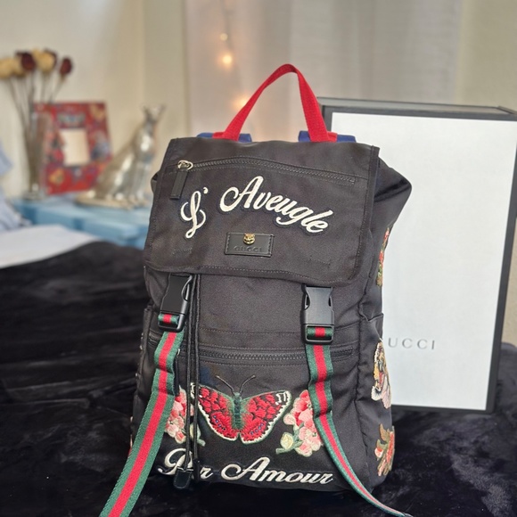 Gucci Butterfly Tiger Floral Embroidery L’ aveugle Par Amour Techpack Backpack - Picture 9 of 13